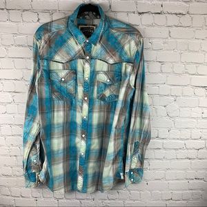 BKE Vintage Western Shirt Pearl Snap Blue White